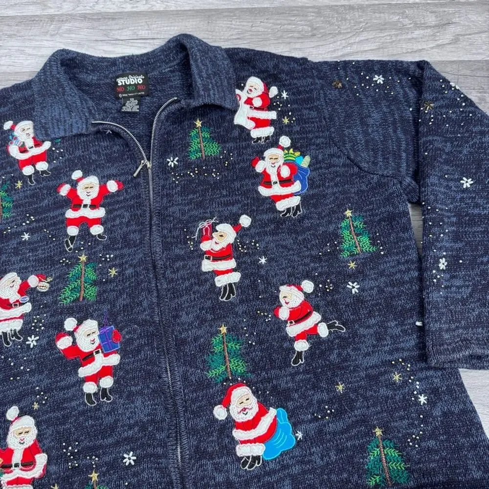 Vintage 90s Santa  Christmas  Zip Cardigan Sweater 2X Plus Size Holiday Knit - Picture 2 of 7